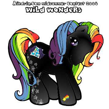 Description: Night Rainbow is a black base pony with rainbow themed hair, 