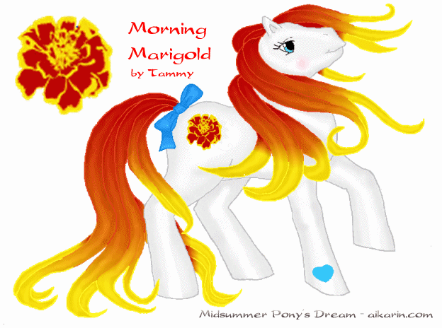 Morning Marigold is a white earth pony. She has deep red hair that blends 